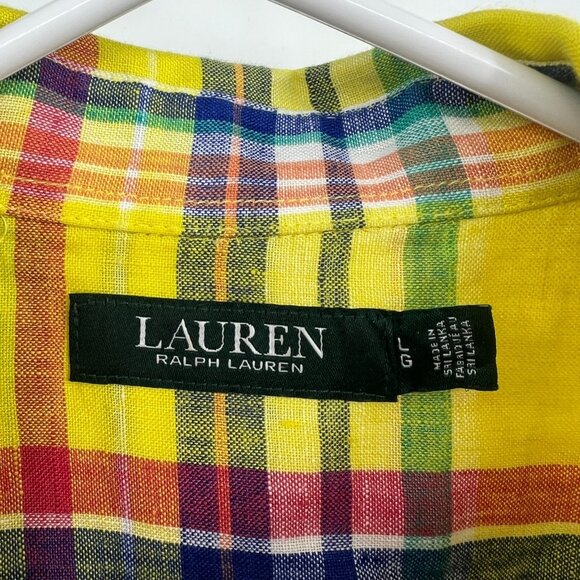 Lauren Ralph Lauren 100% Linen Yellow Plaid Low High Button Down Shirt Women L - Picture 2 of 4